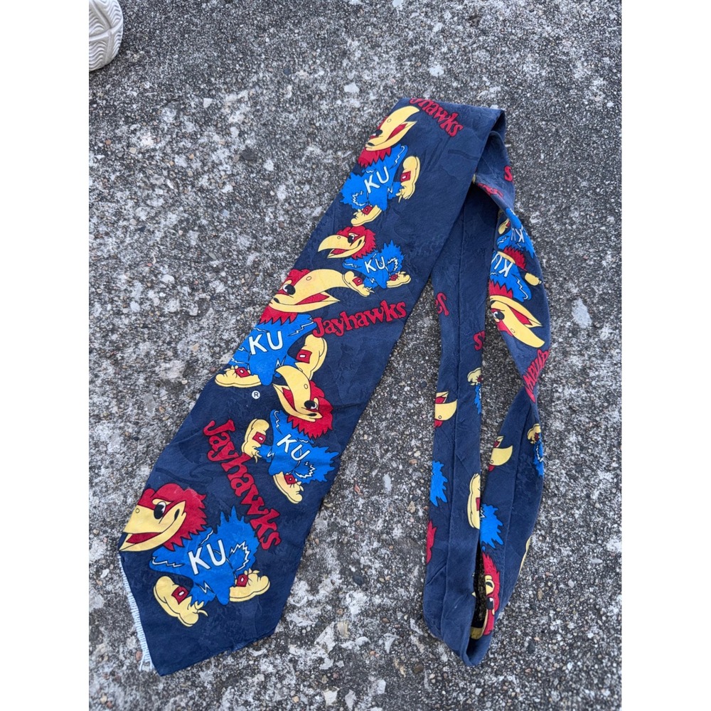 Croaker Kansas Jayhawks KU Silk Tie Mens Navy Blue All Over Mascot Print USA